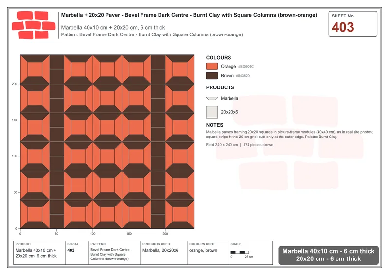 Interlock (Pasco) 40x10 cm · MAR-403 · Bevel Frame Dark Centre - Burnt Clay with Square Columns (brown-orange) · Laying plan Interlock (Pasco) 40x10 cm · MAR-403 · Bevel Frame Dark Centre - Burnt Clay with Square Columns (brown-orange) · Laying plan
