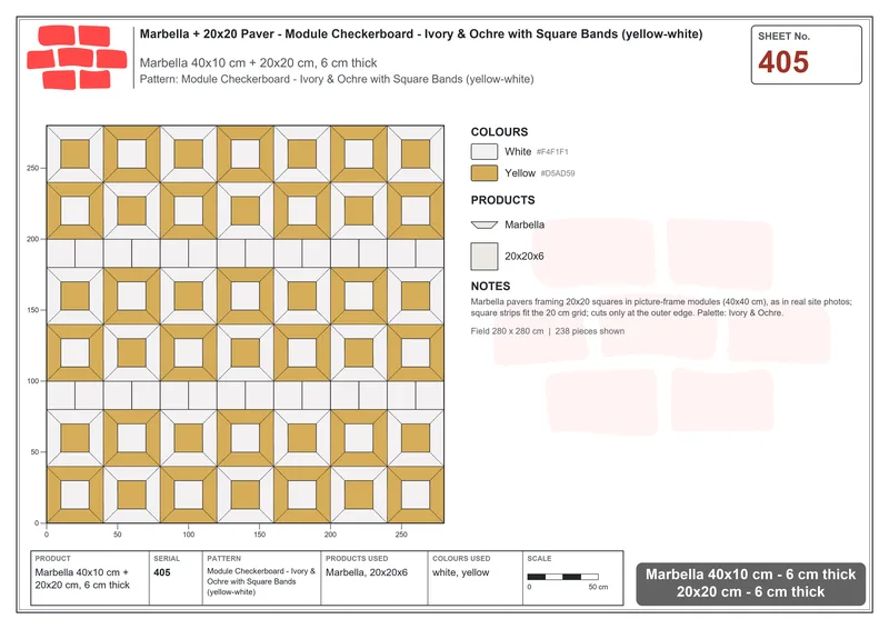 Interlock (Pasco) 40x10 cm · MAR-405 · Module Checkerboard - Ivory & Ochre with Square Bands (yellow-white) · Laying plan Interlock (Pasco) 40x10 cm · MAR-405 · Module Checkerboard - Ivory & Ochre with Square Bands (yellow-white) · Laying plan