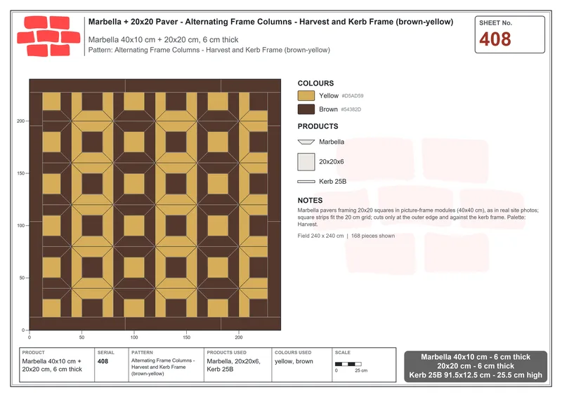 Interlock (Pasco) 40x10 cm · MAR-408 · Alternating Frame Columns - Harvest and Kerb Frame (brown-yellow) · Laying plan Interlock (Pasco) 40x10 cm · MAR-408 · Alternating Frame Columns - Harvest and Kerb Frame (brown-yellow) · Laying plan