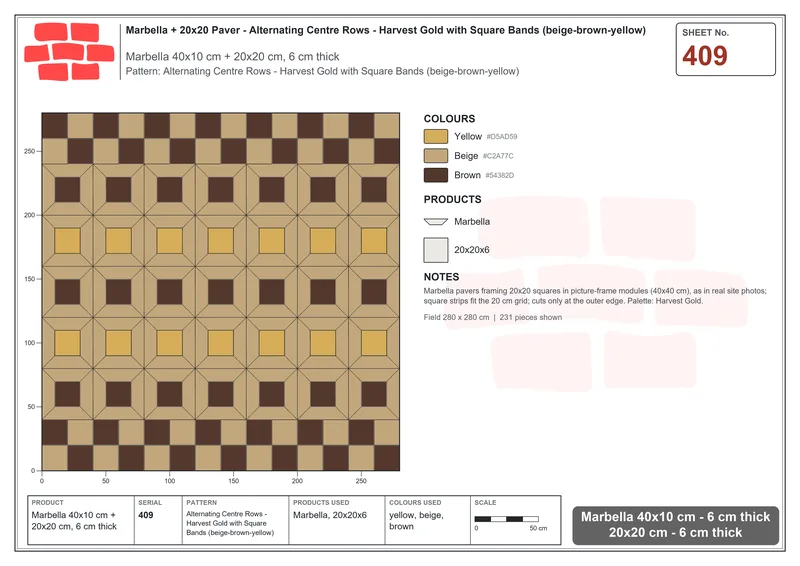 Interlock (Pasco) 40x10 cm · MAR-409 · Alternating Centre Rows - Harvest Gold with Square Bands (beige-brown-yellow) · Laying plan Interlock (Pasco) 40x10 cm · MAR-409 · Alternating Centre Rows - Harvest Gold with Square Bands (beige-brown-yellow) · Laying plan