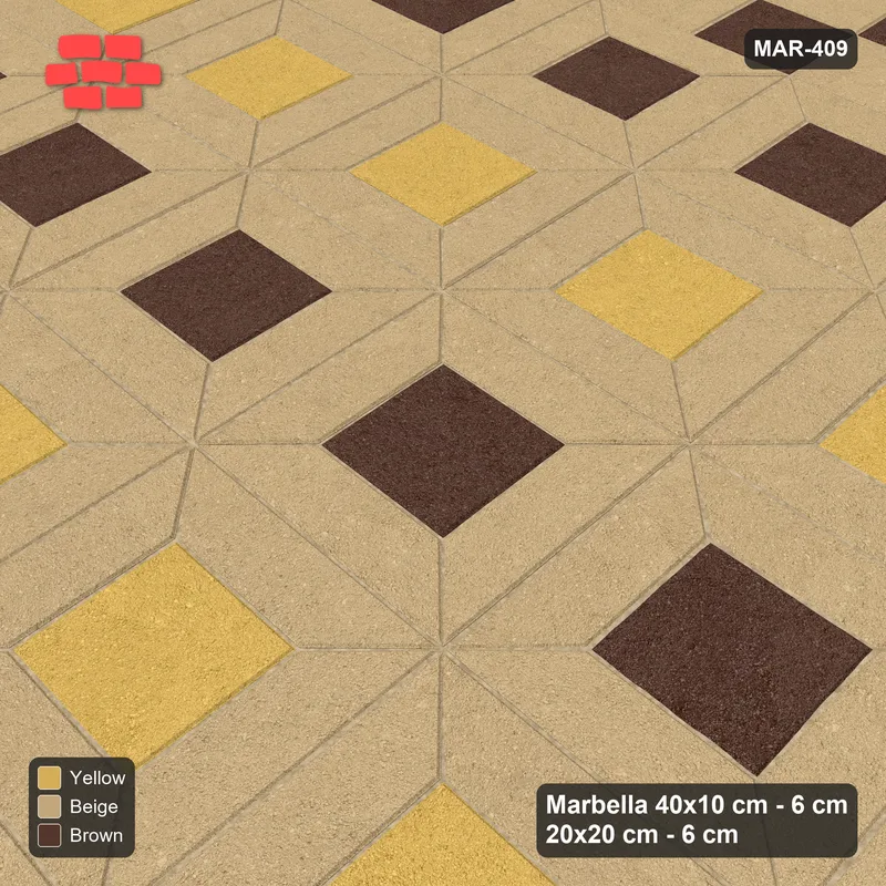 Interlock (Pasco) 40x10 cm · MAR-409 · Alternating Centre Rows - Harvest Gold with Square Bands (beige-brown-yellow) · Side view Interlock (Pasco) 40x10 cm · MAR-409 · Alternating Centre Rows - Harvest Gold with Square Bands (beige-brown-yellow) · Side view