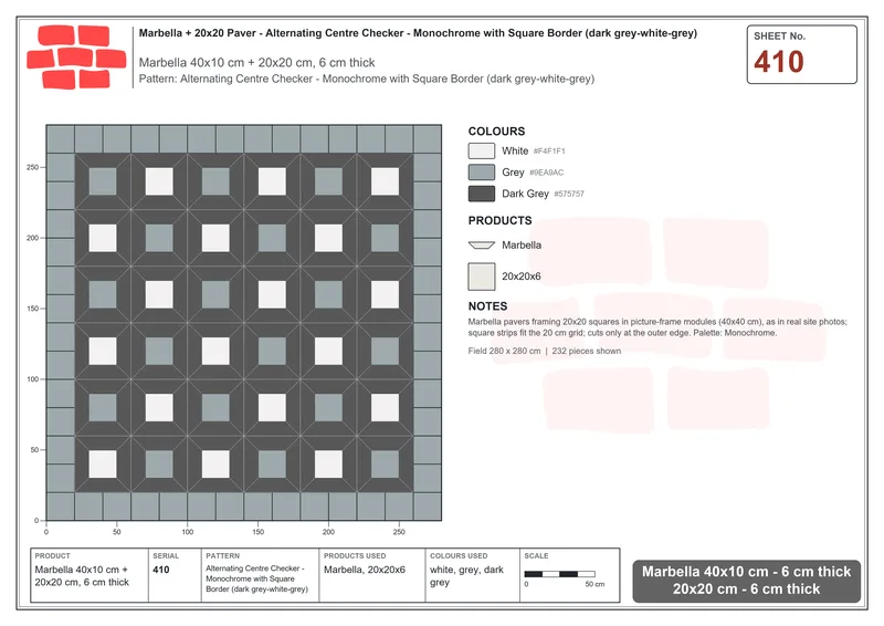 Interlock (Pasco) 40x10 cm · MAR-410 · Alternating Centre Checker - Monochrome with Square Border (dark grey-white-grey) · Laying plan Interlock (Pasco) 40x10 cm · MAR-410 · Alternating Centre Checker - Monochrome with Square Border (dark grey-white-grey) · Laying plan
