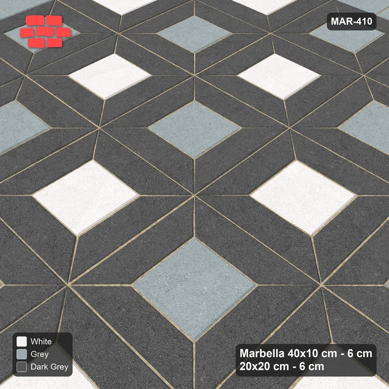 Interlock (Pasco) 40x10 cm · MAR-410 · Alternating Centre Checker - Monochrome with Square Border (dark grey-white-grey) · Side view Interlock (Pasco) 40x10 cm · MAR-410 · Alternating Centre Checker - Monochrome with Square Border (dark grey-white-grey) · Side view