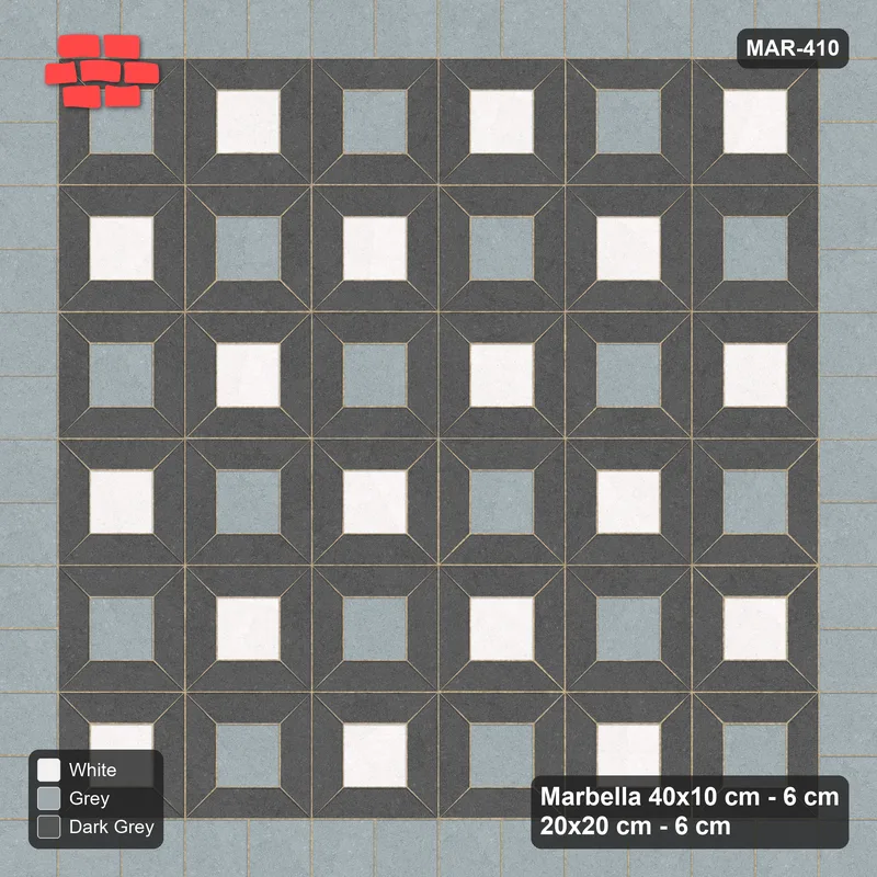 Interlock (Pasco) 40x10 cm · MAR-410 · Alternating Centre Checker - Monochrome with Square Border (dark grey-white-grey) · Top view Interlock (Pasco) 40x10 cm · MAR-410 · Alternating Centre Checker - Monochrome with Square Border (dark grey-white-grey) · Top view