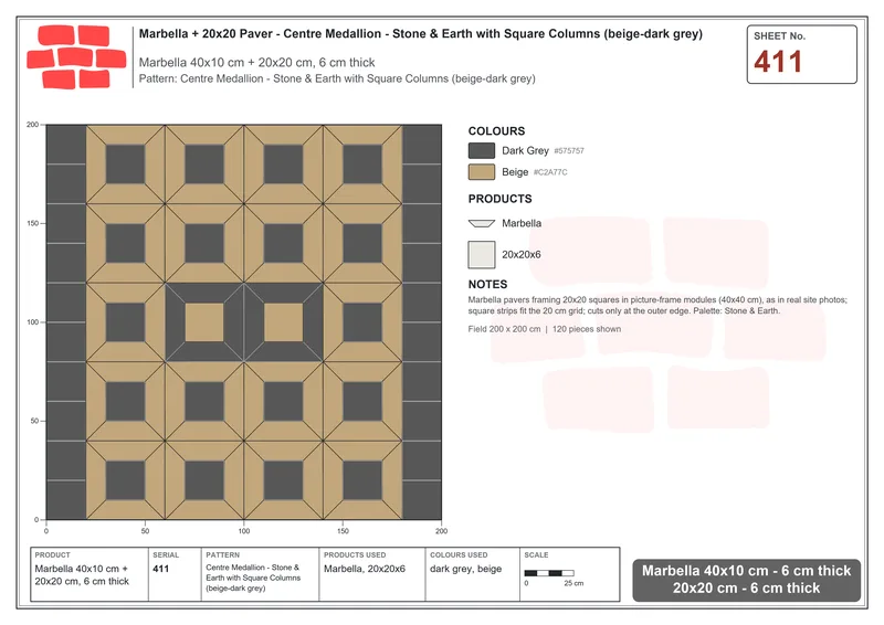 Interlock (Pasco) 40x10 cm · MAR-411 · Centre Medallion - Stone & Earth with Square Columns (beige-dark grey) · Laying plan Interlock (Pasco) 40x10 cm · MAR-411 · Centre Medallion - Stone & Earth with Square Columns (beige-dark grey) · Laying plan