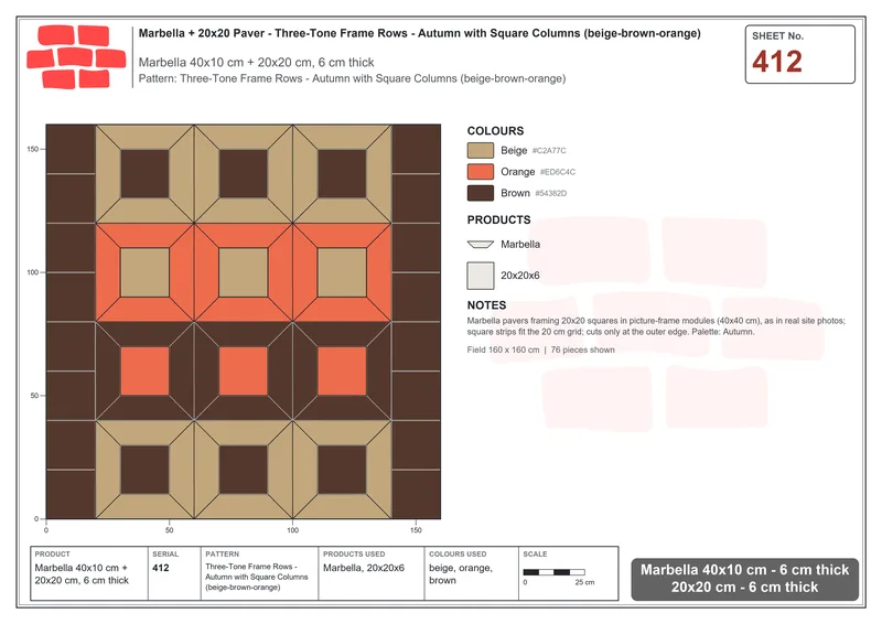 Interlock (Pasco) 40x10 cm · MAR-412 · Three-Tone Frame Rows - Autumn with Square Columns (beige-brown-orange) · Laying plan Interlock (Pasco) 40x10 cm · MAR-412 · Three-Tone Frame Rows - Autumn with Square Columns (beige-brown-orange) · Laying plan