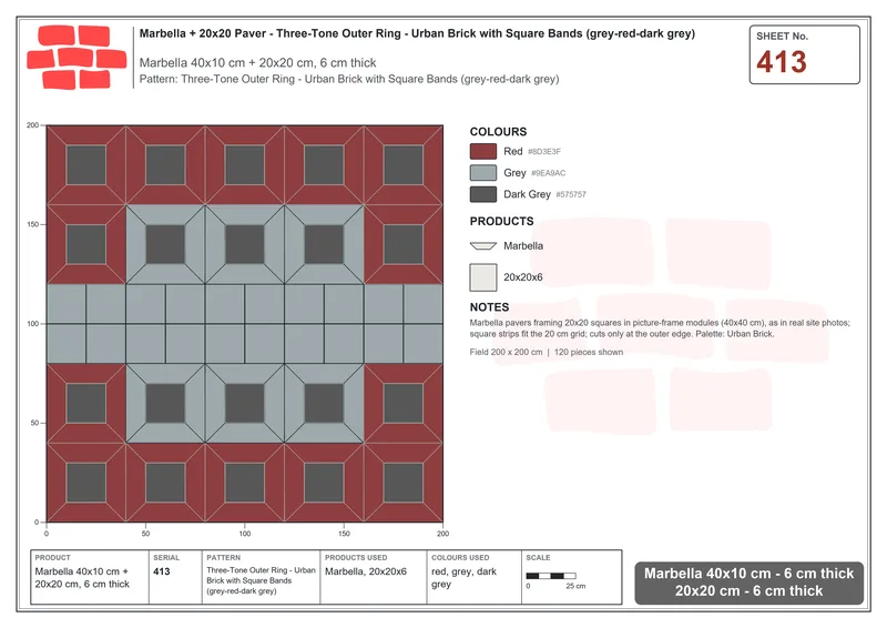 Interlock (Pasco) 40x10 cm · MAR-413 · Three-Tone Outer Ring - Urban Brick with Square Bands (grey-red-dark grey) · Laying plan Interlock (Pasco) 40x10 cm · MAR-413 · Three-Tone Outer Ring - Urban Brick with Square Bands (grey-red-dark grey) · Laying plan