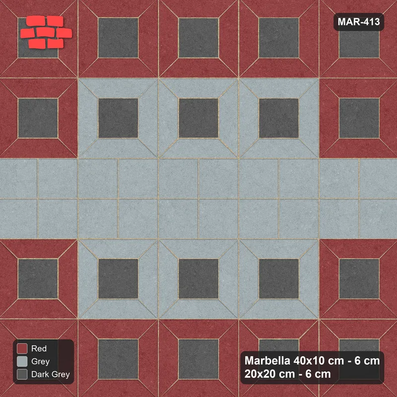 Interlock (Pasco) 40x10 cm · MAR-413 · Three-Tone Outer Ring - Urban Brick with Square Bands (grey-red-dark grey) · Top view Interlock (Pasco) 40x10 cm · MAR-413 · Three-Tone Outer Ring - Urban Brick with Square Bands (grey-red-dark grey) · Top view