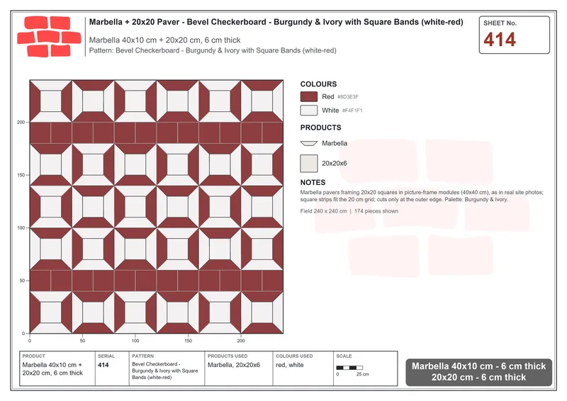 Interlock (Pasco) 40x10 cm · MAR-414 · Bevel Checkerboard - Burgundy & Ivory with Square Bands (white-red) · Laying plan Interlock (Pasco) 40x10 cm · MAR-414 · Bevel Checkerboard - Burgundy & Ivory with Square Bands (white-red) · Laying plan