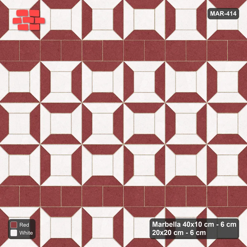 Interlock (Pasco) 40x10 cm · MAR-414 · Bevel Checkerboard - Burgundy & Ivory with Square Bands (white-red) · Top view Interlock (Pasco) 40x10 cm · MAR-414 · Bevel Checkerboard - Burgundy & Ivory with Square Bands (white-red) · Top view