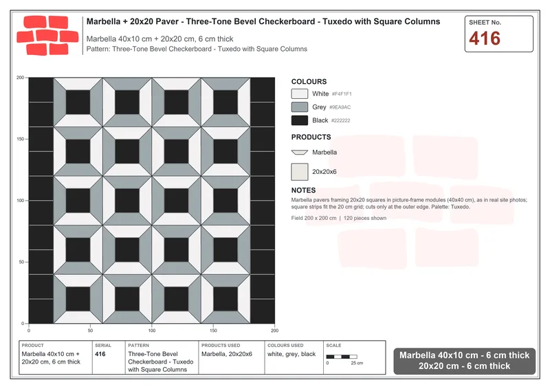 Interlock (Pasco) 40x10 cm · MAR-416 · Three-Tone Bevel Checkerboard - Tuxedo with Square Columns · Laying plan Interlock (Pasco) 40x10 cm · MAR-416 · Three-Tone Bevel Checkerboard - Tuxedo with Square Columns · Laying plan
