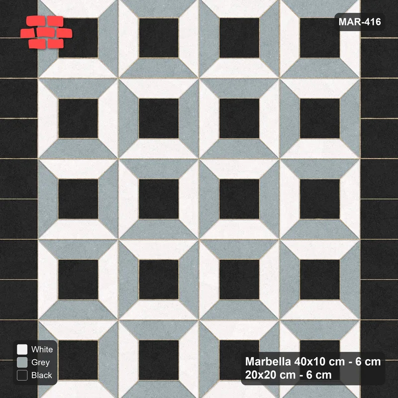 Interlock (Pasco) 40x10 cm · MAR-416 · Three-Tone Bevel Checkerboard - Tuxedo with Square Columns · Top view Interlock (Pasco) 40x10 cm · MAR-416 · Three-Tone Bevel Checkerboard - Tuxedo with Square Columns · Top view
