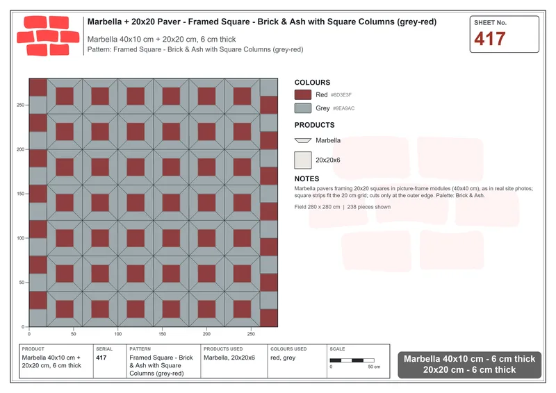 Interlock (Pasco) 40x10 cm · MAR-417 · Framed Square - Brick & Ash with Square Columns (grey-red) · Laying plan Interlock (Pasco) 40x10 cm · MAR-417 · Framed Square - Brick & Ash with Square Columns (grey-red) · Laying plan
