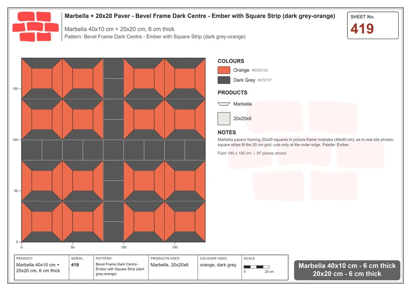 Interlock (Pasco) 40x10 cm · MAR-419 · Bevel Frame Dark Centre - Ember with Square Strip (dark grey-orange) · Laying plan Interlock (Pasco) 40x10 cm · MAR-419 · Bevel Frame Dark Centre - Ember with Square Strip (dark grey-orange) · Laying plan