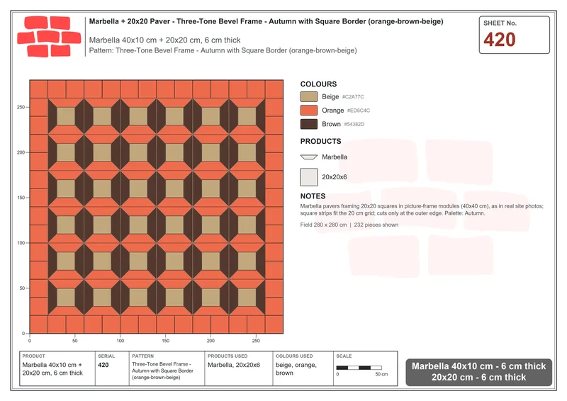 Interlock (Pasco) 40x10 cm · MAR-420 · Three-Tone Bevel Frame - Autumn with Square Border (orange-brown-beige) · Laying plan Interlock (Pasco) 40x10 cm · MAR-420 · Three-Tone Bevel Frame - Autumn with Square Border (orange-brown-beige) · Laying plan