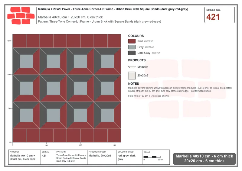Interlock (Pasco) 40x10 cm · MAR-421 · Three-Tone Corner-Lit Frame - Urban Brick with Square Bands (dark grey-red-grey) · Laying plan Interlock (Pasco) 40x10 cm · MAR-421 · Three-Tone Corner-Lit Frame - Urban Brick with Square Bands (dark grey-red-grey) · Laying plan