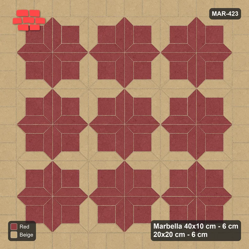 Interlock (Pasco) 40x10 cm · MAR-423 · Pinwheel Star - Terracotta with Square Border · Top view Interlock (Pasco) 40x10 cm · MAR-423 · Pinwheel Star - Terracotta with Square Border · Top view