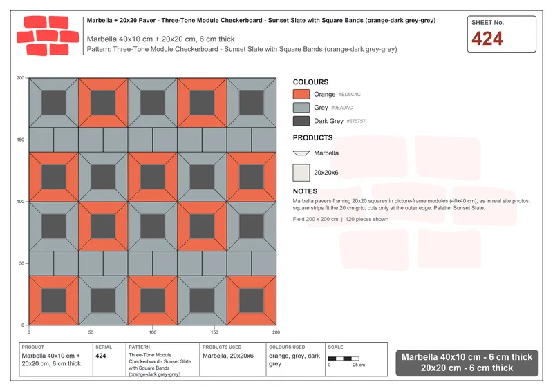 Interlock (Pasco) 40x10 cm · MAR-424 · Three-Tone Module Checkerboard - Sunset Slate with Square Bands (orange-dark grey-grey) · Laying plan Interlock (Pasco) 40x10 cm · MAR-424 · Three-Tone Module Checkerboard - Sunset Slate with Square Bands (orange-dark grey-grey) · Laying plan