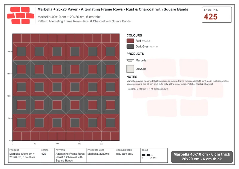 Interlock (Pasco) 40x10 cm · MAR-425 · Alternating Frame Rows - Rust & Charcoal with Square Bands · Laying plan Interlock (Pasco) 40x10 cm · MAR-425 · Alternating Frame Rows - Rust & Charcoal with Square Bands · Laying plan