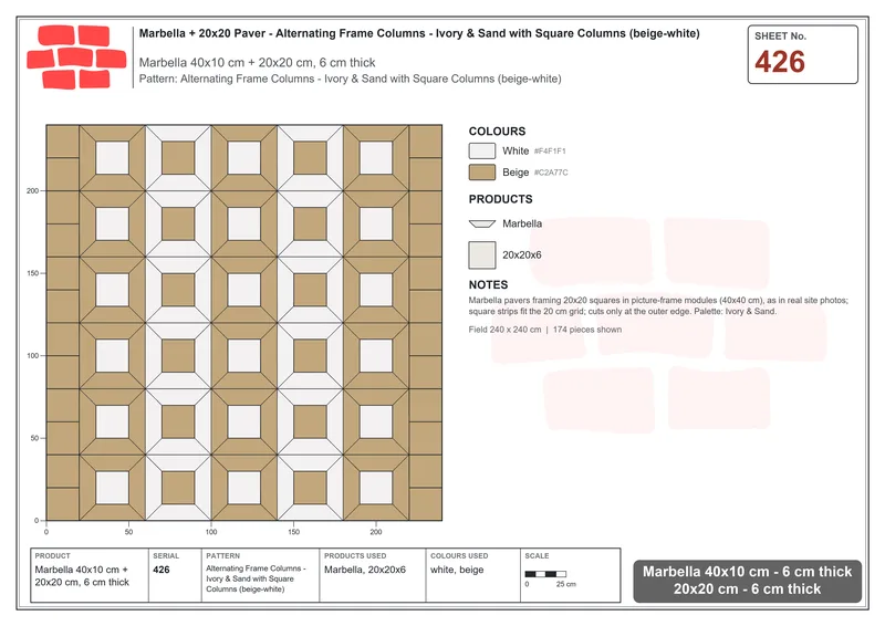 Interlock (Pasco) 40x10 cm · MAR-426 · Alternating Frame Columns - Ivory & Sand with Square Columns (beige-white) · Laying plan Interlock (Pasco) 40x10 cm · MAR-426 · Alternating Frame Columns - Ivory & Sand with Square Columns (beige-white) · Laying plan