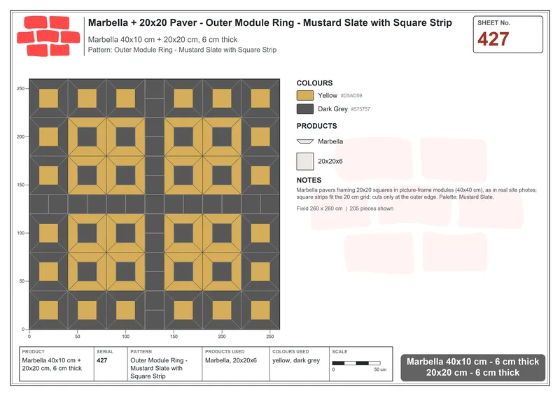Interlock (Pasco) 40x10 cm · MAR-427 · Outer Module Ring - Mustard Slate with Square Strip · Laying plan Interlock (Pasco) 40x10 cm · MAR-427 · Outer Module Ring - Mustard Slate with Square Strip · Laying plan