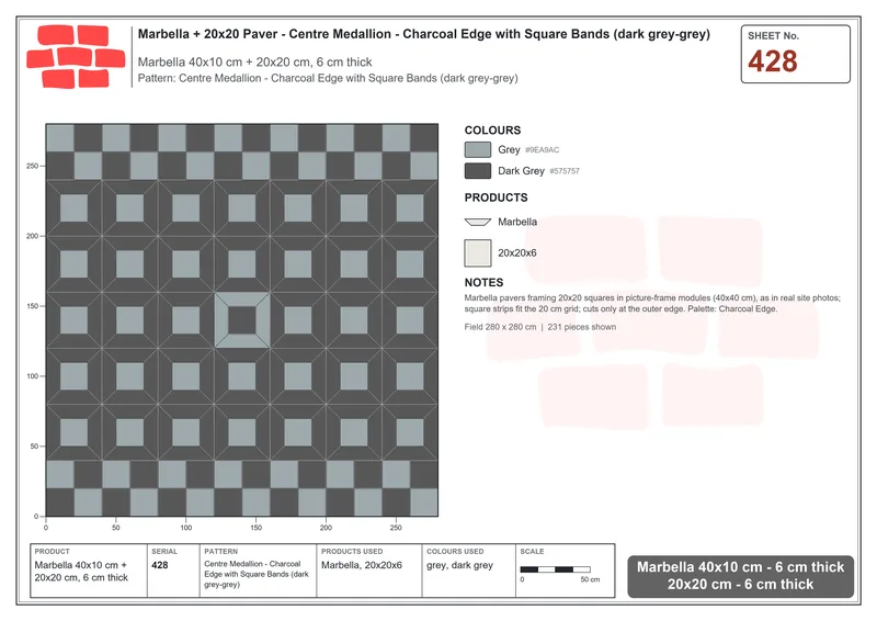 Interlock (Pasco) 40x10 cm · MAR-428 · Centre Medallion - Charcoal Edge with Square Bands (dark grey-grey) · Laying plan Interlock (Pasco) 40x10 cm · MAR-428 · Centre Medallion - Charcoal Edge with Square Bands (dark grey-grey) · Laying plan