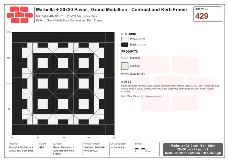 Interlock (Pasco) 40x10 cm · MAR-429 · Grand Medallion - Contrast and Kerb Frame · Laying plan Interlock (Pasco) 40x10 cm · MAR-429 · Grand Medallion - Contrast and Kerb Frame · Laying plan