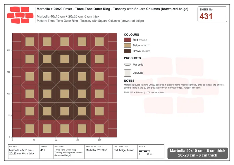 Interlock (Pasco) 40x10 cm · MAR-431 · Three-Tone Outer Ring - Tuscany with Square Columns (brown-red-beige) · Laying plan Interlock (Pasco) 40x10 cm · MAR-431 · Three-Tone Outer Ring - Tuscany with Square Columns (brown-red-beige) · Laying plan