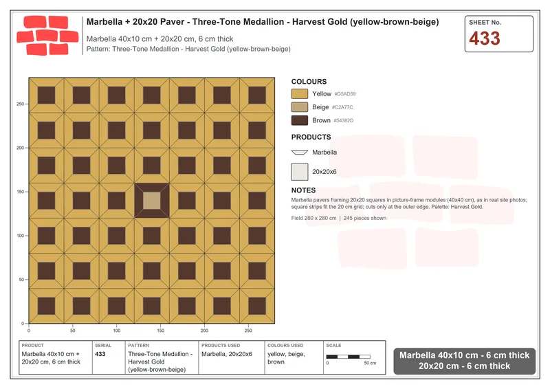 Interlock (Pasco) 40x10 cm · MAR-433 · Three-Tone Medallion - Harvest Gold (yellow-brown-beige) · Laying plan Interlock (Pasco) 40x10 cm · MAR-433 · Three-Tone Medallion - Harvest Gold (yellow-brown-beige) · Laying plan