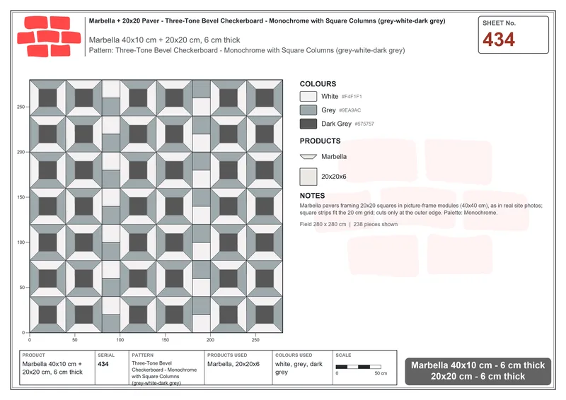 Interlock (Pasco) 40x10 cm · MAR-434 · Three-Tone Bevel Checkerboard - Monochrome with Square Columns (grey-white-dark grey) · Laying plan Interlock (Pasco) 40x10 cm · MAR-434 · Three-Tone Bevel Checkerboard - Monochrome with Square Columns (grey-white-dark grey) · Laying plan