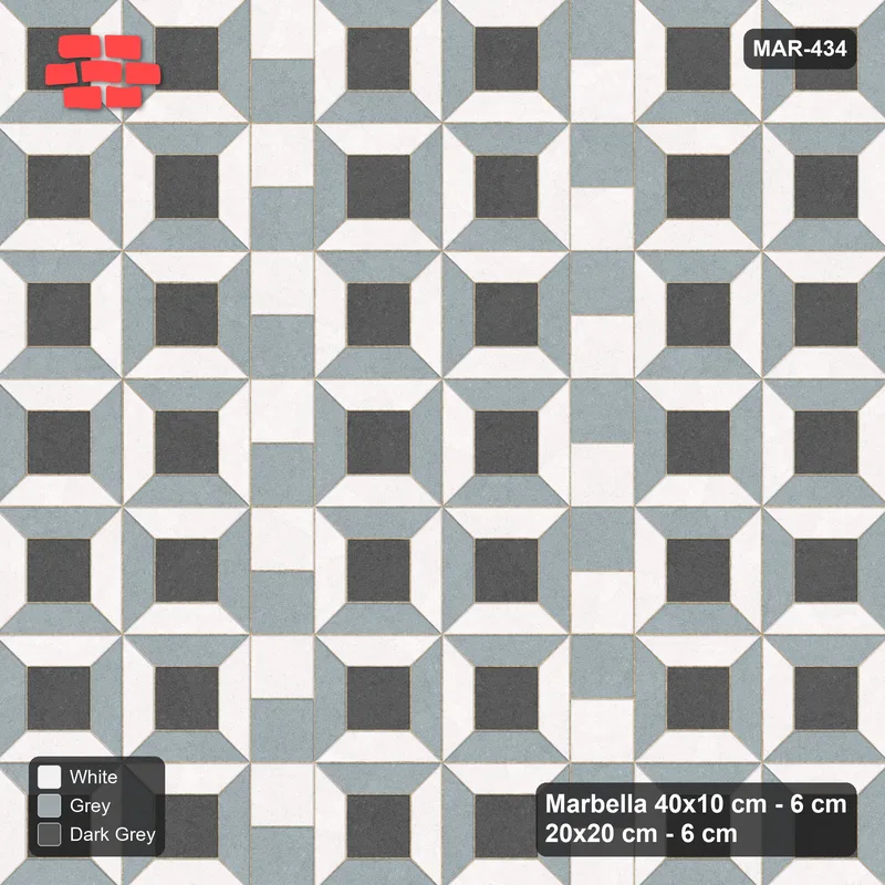 Interlock (Pasco) 40x10 cm · MAR-434 · Three-Tone Bevel Checkerboard - Monochrome with Square Columns (grey-white-dark grey) · Top view Interlock (Pasco) 40x10 cm · MAR-434 · Three-Tone Bevel Checkerboard - Monochrome with Square Columns (grey-white-dark grey) · Top view
