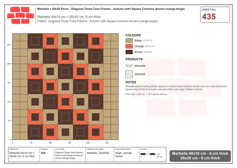 Interlock (Pasco) 40x10 cm · MAR-435 · Diagonal Three-Tone Frames - Autumn with Square Columns (brown-orange-beige) · Laying plan Interlock (Pasco) 40x10 cm · MAR-435 · Diagonal Three-Tone Frames - Autumn with Square Columns (brown-orange-beige) · Laying plan