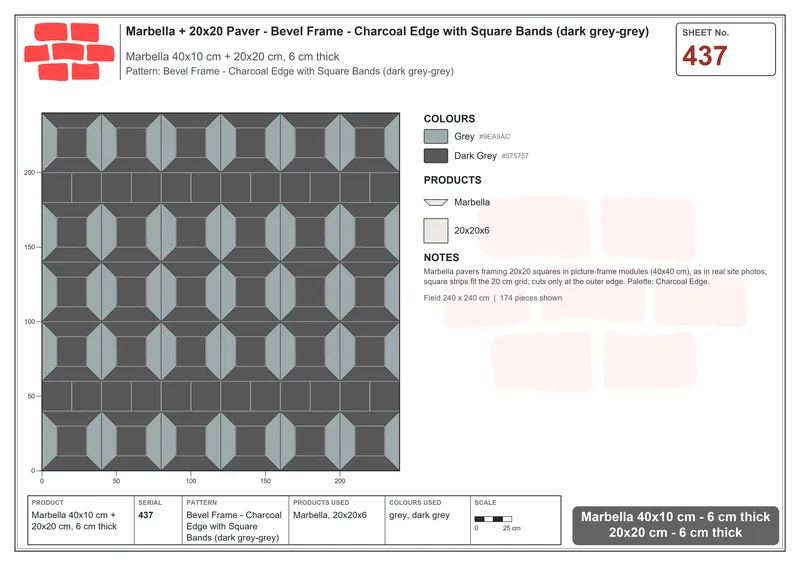 Interlock (Pasco) 40x10 cm · MAR-437 · Bevel Frame - Charcoal Edge with Square Bands (dark grey-grey) · Laying plan Interlock (Pasco) 40x10 cm · MAR-437 · Bevel Frame - Charcoal Edge with Square Bands (dark grey-grey) · Laying plan