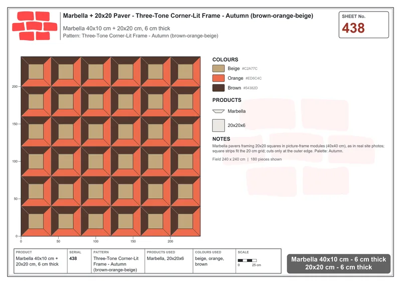 Interlock (Pasco) 40x10 cm · MAR-438 · Three-Tone Corner-Lit Frame - Autumn (brown-orange-beige) · Laying plan Interlock (Pasco) 40x10 cm · MAR-438 · Three-Tone Corner-Lit Frame - Autumn (brown-orange-beige) · Laying plan