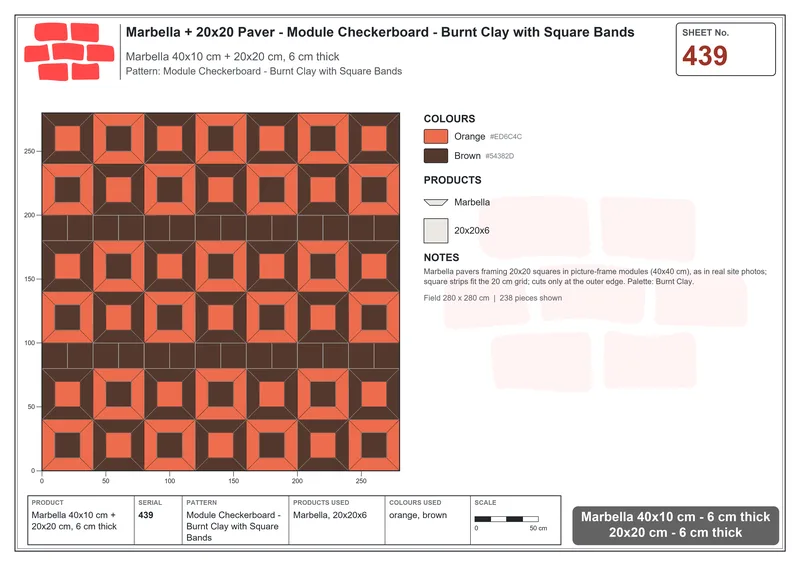 Interlock (Pasco) 40x10 cm · MAR-439 · Module Checkerboard - Burnt Clay with Square Bands · Laying plan Interlock (Pasco) 40x10 cm · MAR-439 · Module Checkerboard - Burnt Clay with Square Bands · Laying plan