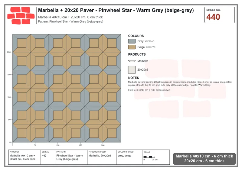 Interlock (Pasco) 40x10 cm · MAR-440 · Pinwheel Star - Warm Grey (beige-grey) · Laying plan Interlock (Pasco) 40x10 cm · MAR-440 · Pinwheel Star - Warm Grey (beige-grey) · Laying plan