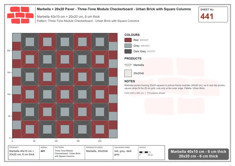 Interlock (Pasco) 40x10 cm · MAR-441 · Three-Tone Module Checkerboard - Urban Brick with Square Columns · Laying plan Interlock (Pasco) 40x10 cm · MAR-441 · Three-Tone Module Checkerboard - Urban Brick with Square Columns · Laying plan