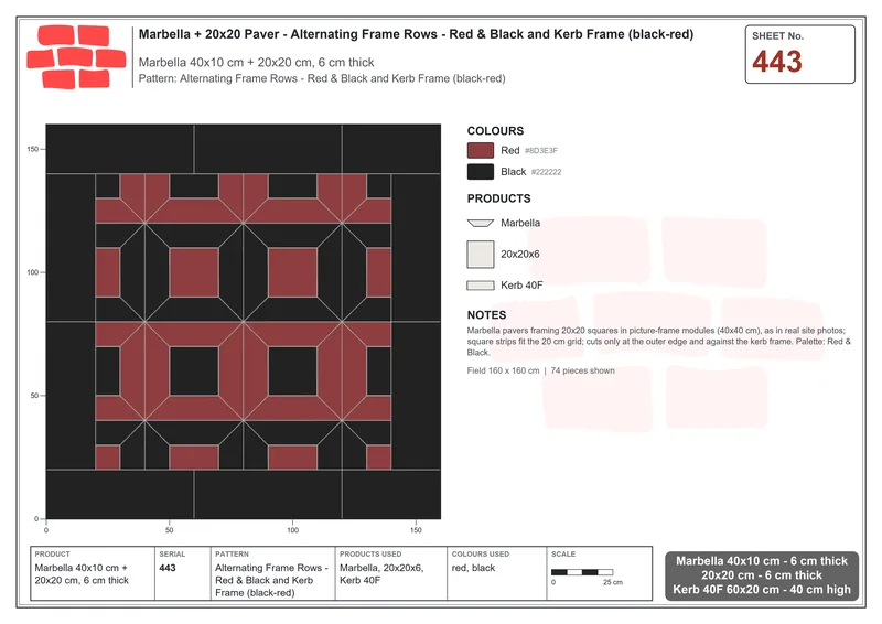 Interlock (Pasco) 40x10 cm · MAR-443 · Alternating Frame Rows - Red & Black and Kerb Frame (black-red) · Laying plan Interlock (Pasco) 40x10 cm · MAR-443 · Alternating Frame Rows - Red & Black and Kerb Frame (black-red) · Laying plan