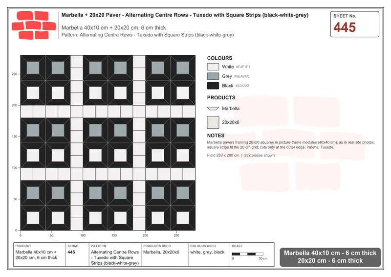 Interlock (Pasco) 40x10 cm · MAR-445 · Alternating Centre Rows - Tuxedo with Square Strips (black-white-grey) · Laying plan Interlock (Pasco) 40x10 cm · MAR-445 · Alternating Centre Rows - Tuxedo with Square Strips (black-white-grey) · Laying plan