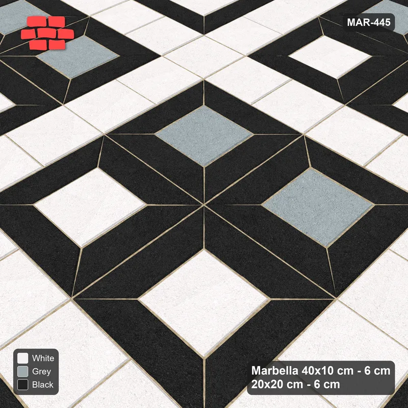 Interlock (Pasco) 40x10 cm · MAR-445 · Alternating Centre Rows - Tuxedo with Square Strips (black-white-grey) · Side view Interlock (Pasco) 40x10 cm · MAR-445 · Alternating Centre Rows - Tuxedo with Square Strips (black-white-grey) · Side view