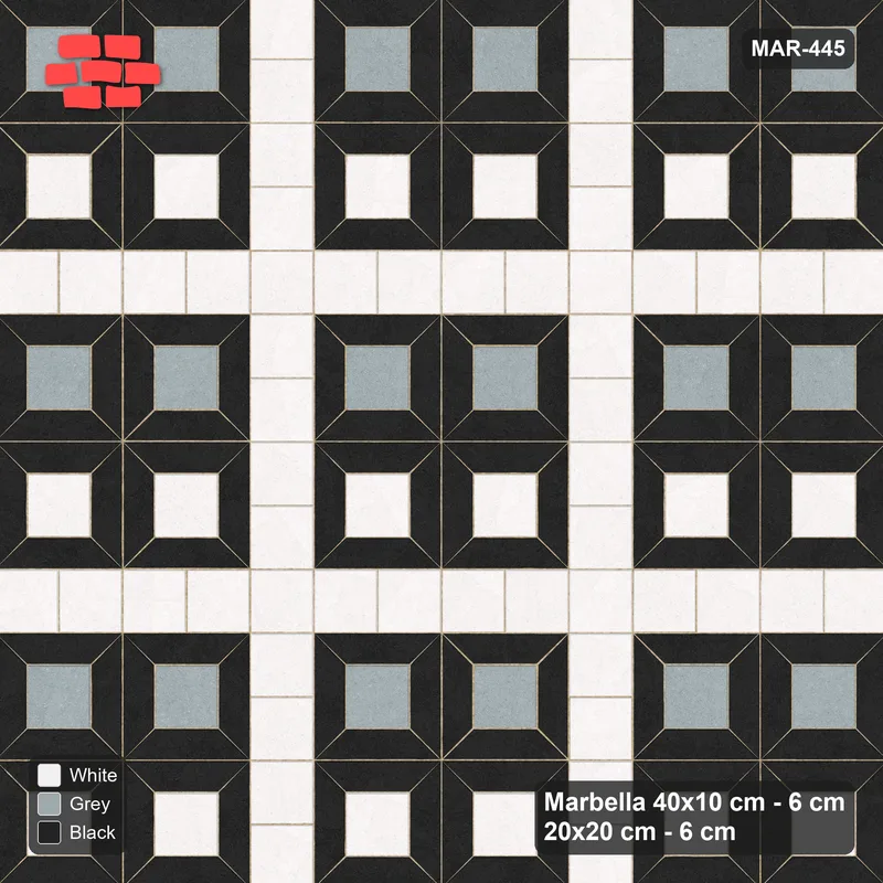 Interlock (Pasco) 40x10 cm · MAR-445 · Alternating Centre Rows - Tuxedo with Square Strips (black-white-grey) · Top view Interlock (Pasco) 40x10 cm · MAR-445 · Alternating Centre Rows - Tuxedo with Square Strips (black-white-grey) · Top view