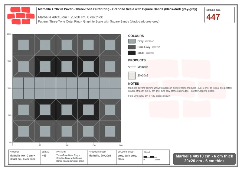 Interlock (Pasco) 40x10 cm · MAR-447 · Three-Tone Outer Ring - Graphite Scale with Square Bands (black-dark grey-grey) · Laying plan Interlock (Pasco) 40x10 cm · MAR-447 · Three-Tone Outer Ring - Graphite Scale with Square Bands (black-dark grey-grey) · Laying plan