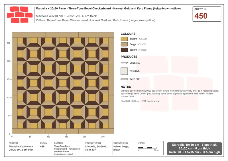 Interlock (Pasco) 40x10 cm · MAR-450 · Three-Tone Bevel Checkerboard - Harvest Gold and Kerb Frame (beige-brown-yellow) · Laying plan Interlock (Pasco) 40x10 cm · MAR-450 · Three-Tone Bevel Checkerboard - Harvest Gold and Kerb Frame (beige-brown-yellow) · Laying plan
