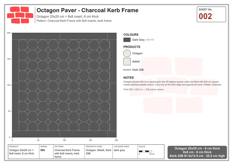 Interlock (Pasco) 20x20 cm · OCT-002 · Charcoal Kerb Frame with 8x8 inserts, kerb frame · Laying plan