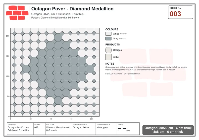 Interlock (Pasco) 20x20 cm · OCT-003 · Diamond Medallion with 8x8 inserts · Laying plan