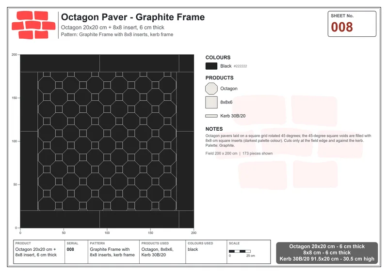 Interlock (Pasco) 20x20 cm · OCT-008 · Graphite Frame with 8x8 inserts, kerb frame · Laying plan
