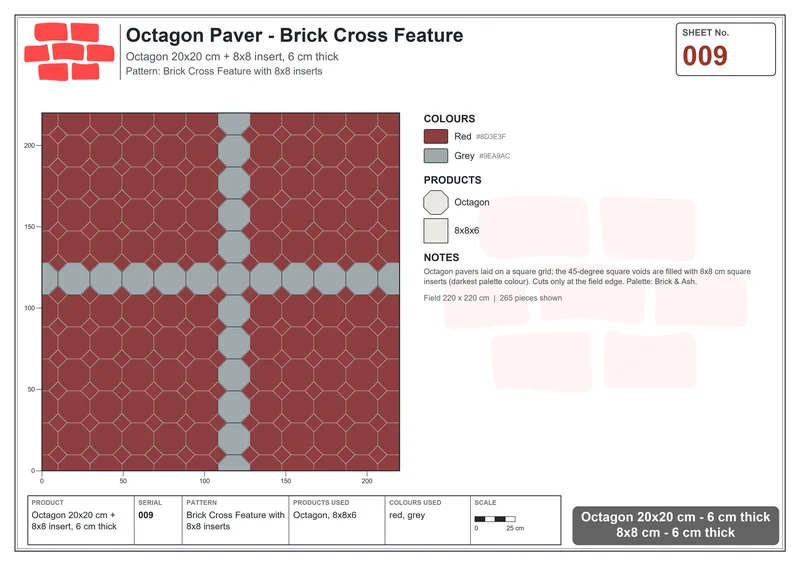 Interlock (Pasco) 20x20 cm · OCT-009 · Brick Cross Feature with 8x8 inserts · Laying plan