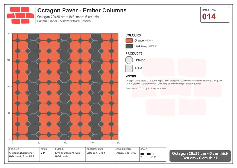 Interlock (Pasco) 20x20 cm · OCT-014 · Ember Columns with 8x8 inserts · Laying plan