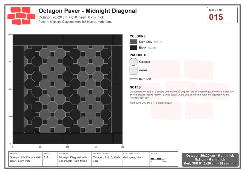 Interlock (Pasco) 20x20 cm · OCT-015 · Midnight Diagonal with 8x8 inserts, kerb frame · Laying plan