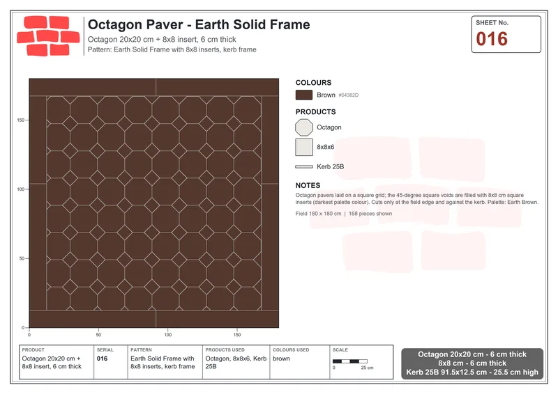 Interlock (Pasco) 20x20 cm · OCT-016 · Earth Solid Frame with 8x8 inserts, kerb frame · Laying plan